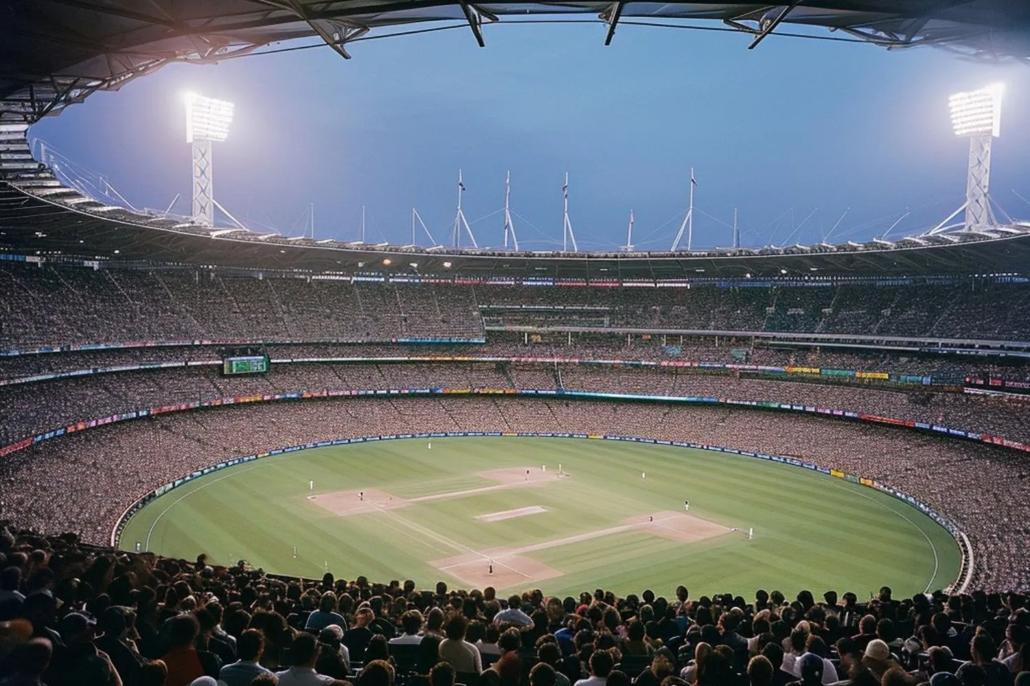 Crowd of cricket fans at the New York Stadium cheering and waving flags during a thrilling T20 World Cup game