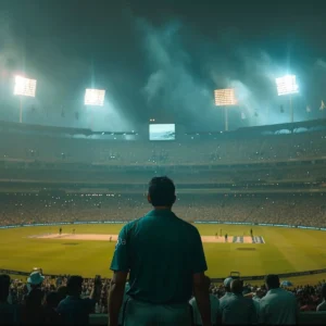 A cricket player in a green jersey capturing the intense atmosphere of a T20 World Cup match