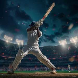 A jubilant cricketer lifting a bat triumphantly, radiating joy and pride