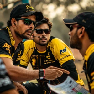 Lahore Qalandars players in a team huddle before the start of a PSL-9 match, showcasing team spirit and determination.