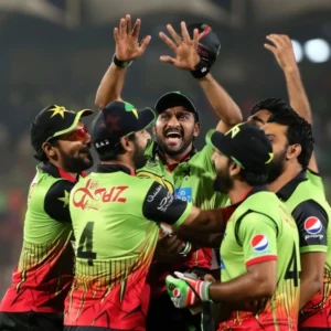 Lahore Qalandars in PSL 9 match celebrating on first wicket in power play.