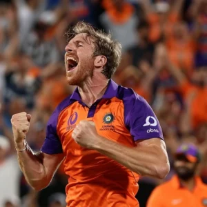 The thrill of cricket captured as a player in Dutch team gear celebrates a game-changing moment at the T20 World Cup 2024