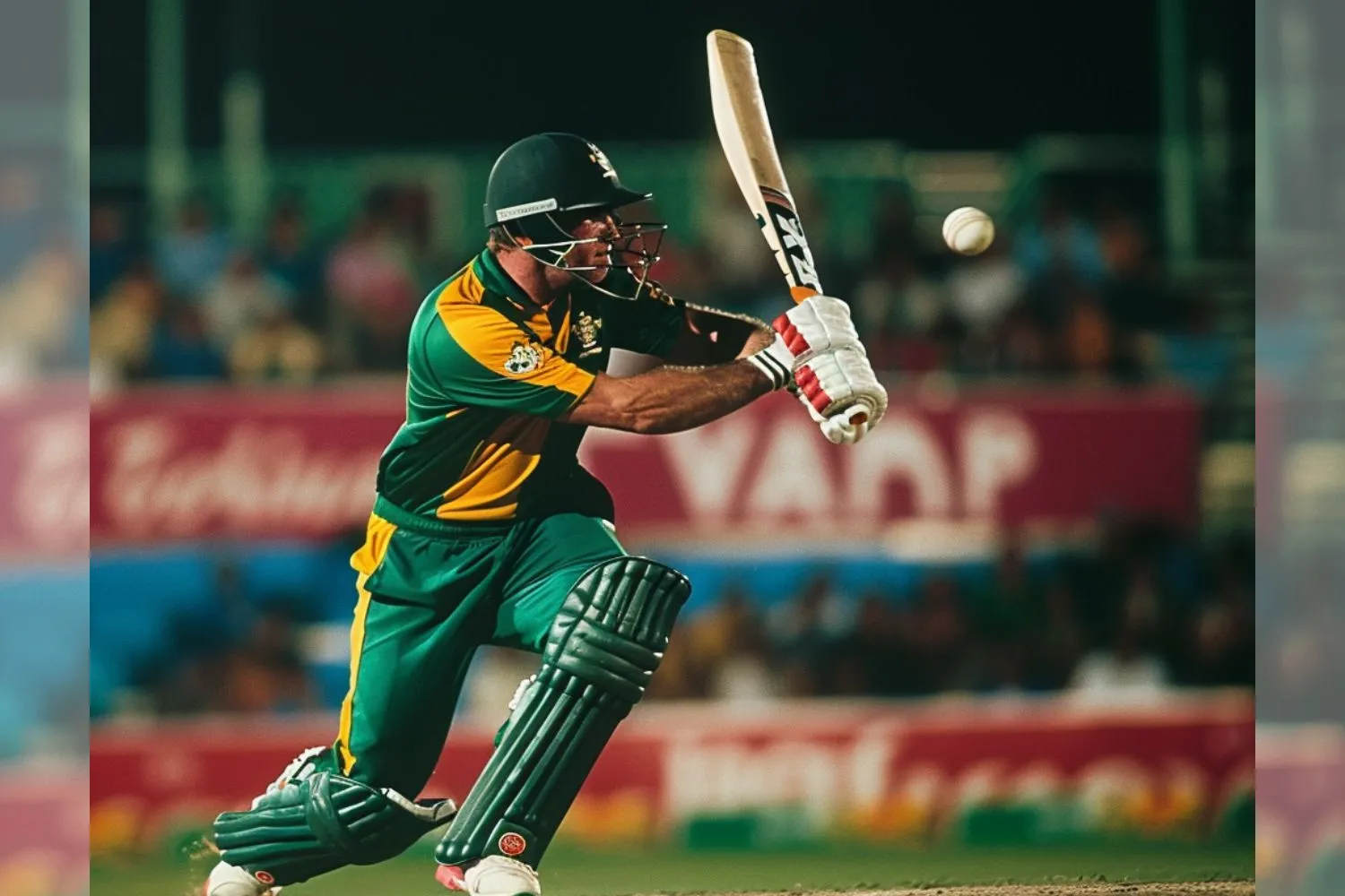 Player batting under the floodlights, a nod to the night games at the 2024 T20 World Cup in the USA and West Indies.