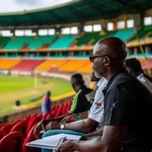 Cricket coach analyzing player performance with a notebook in an empty stadium, prepping for the 2024 T20 World Cup.