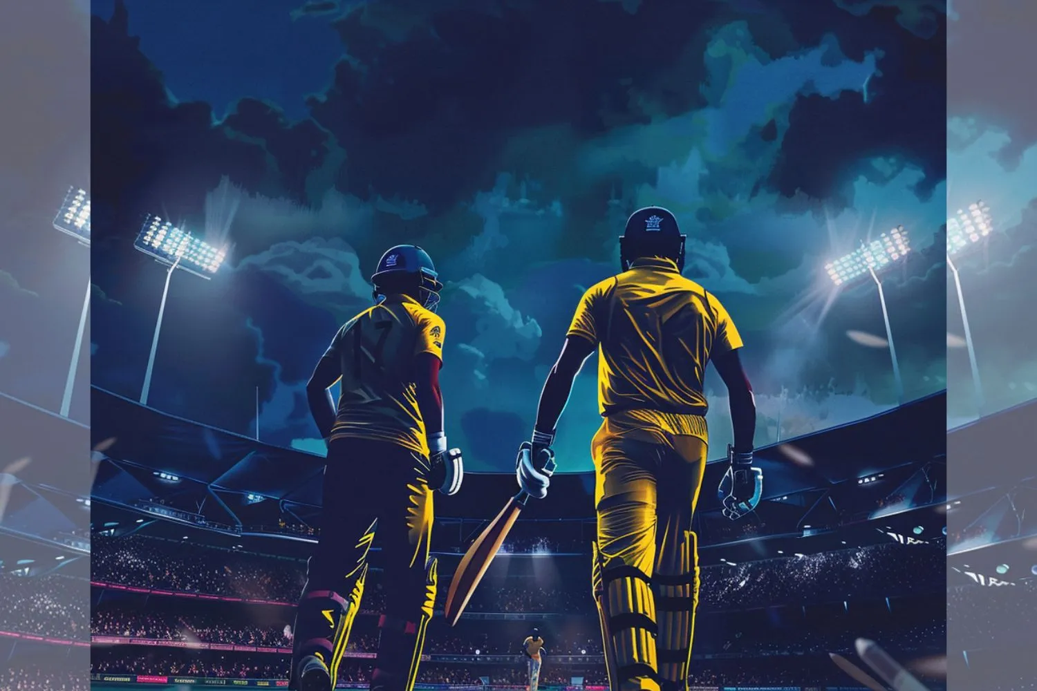 Back view of cricket players heading towards the crease in a packed stadium during the T20 World Cup 2024.