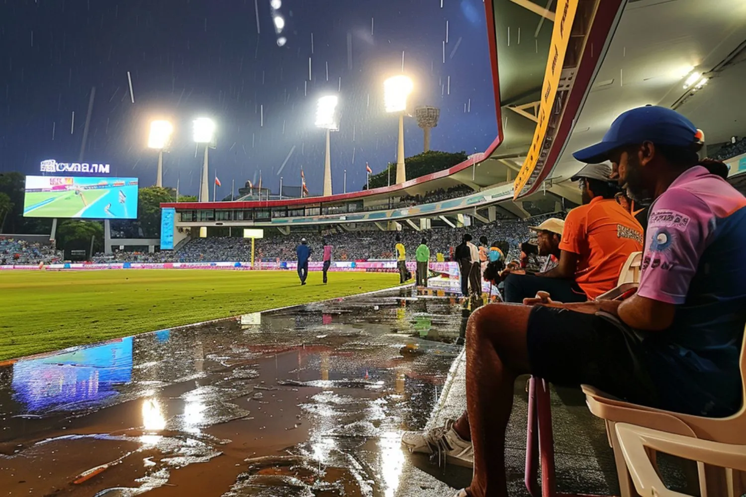 Cricket fans sitting under rainy weather at the T20 World Cup 2024 venue.