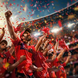 Joyful crowd celebrating a victory at the T20 World Cup 2024 cricket stadium.
