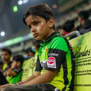 Sad young fan in a Lahore Qalandars shirt sitting in the stands, reflecting on the team's performance.