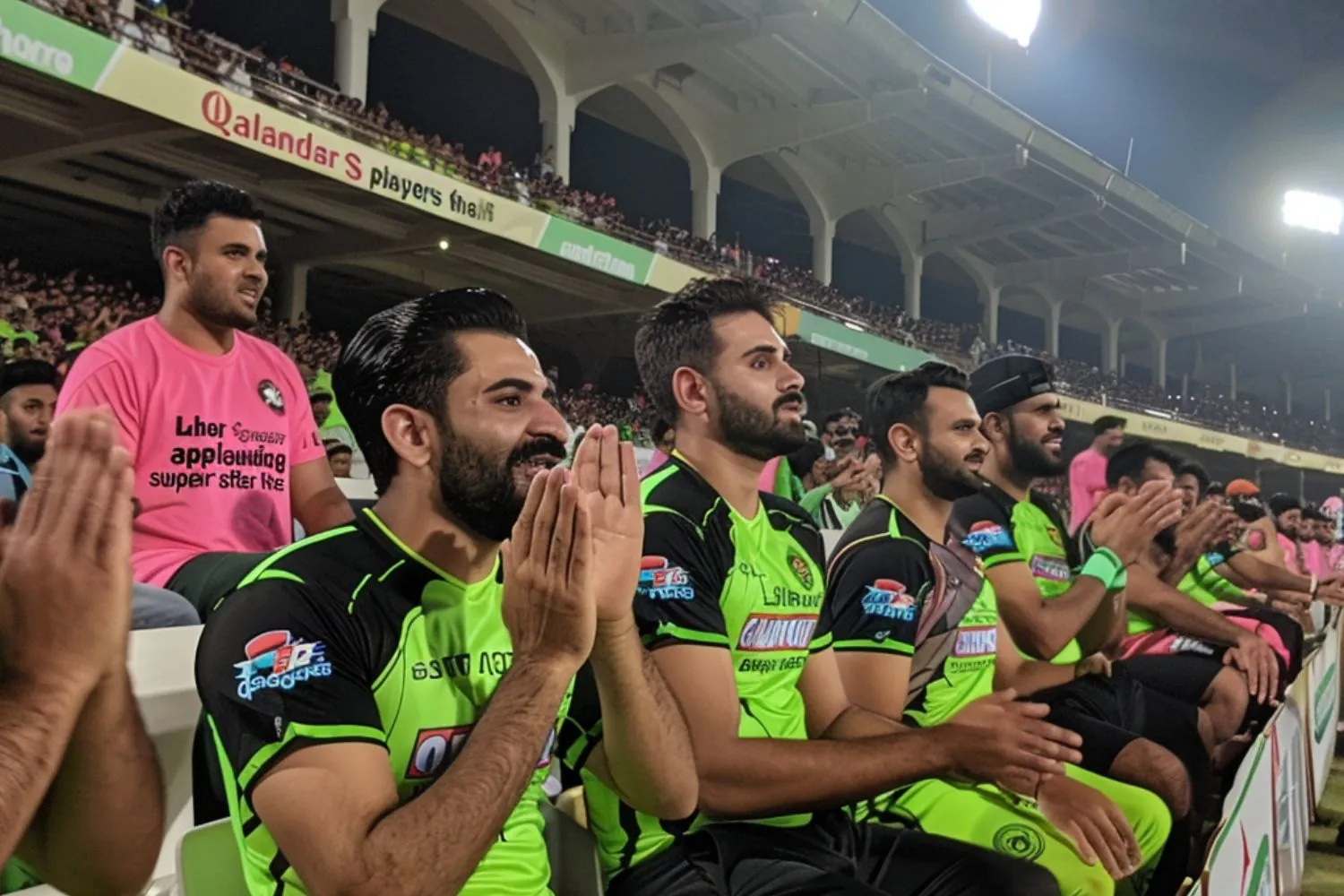 Lahore Qalandars T20 team members captured mid-applause, supporting their teammates on the field.