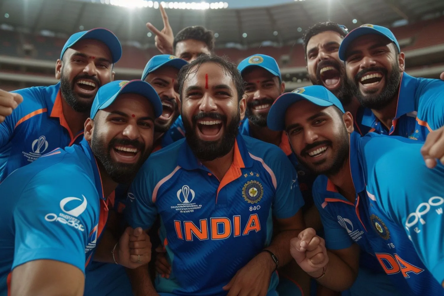 Diverse crowd of Indian and Pakistani fans cheering loudly, waving flags and supporting their teams at the stadium