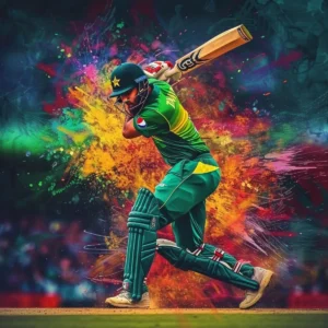 Pakistani batsman hitting a powerful six over the boundary against India, with the crowd rising in excitement