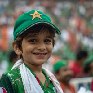 Young Pakistani cricket fan smiling with hope at the T20 World Cup match. Can India Avenge 2021 T20 World Cup Loss to Pakistan?