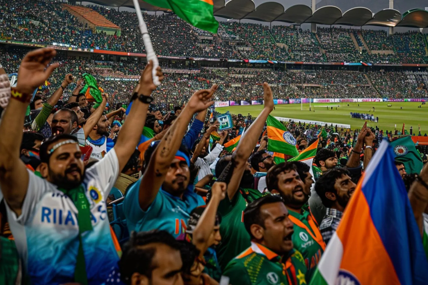 Intense excitement captured among Indian and Pakistani supporters at the cricket stadium.