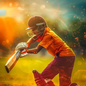 Dynamic cricket action captured at sunset, showcasing a young player's powerful batting stance