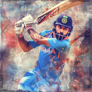 Powerful batting stroke by an Indian team player, amidst a burst of abstract color and energy.
