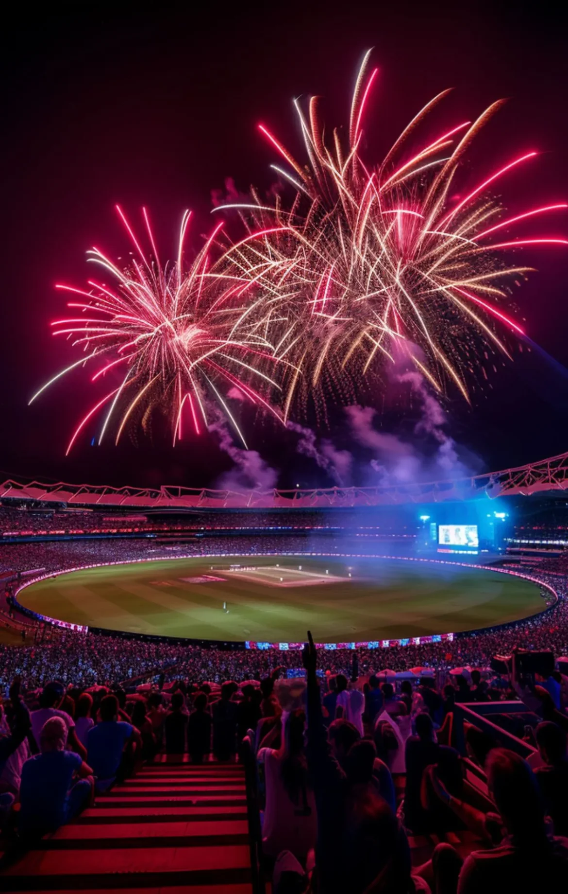 The thrilling climax of a T20 World Cup match is illuminated by fireworks and energetic vibe of the tournament