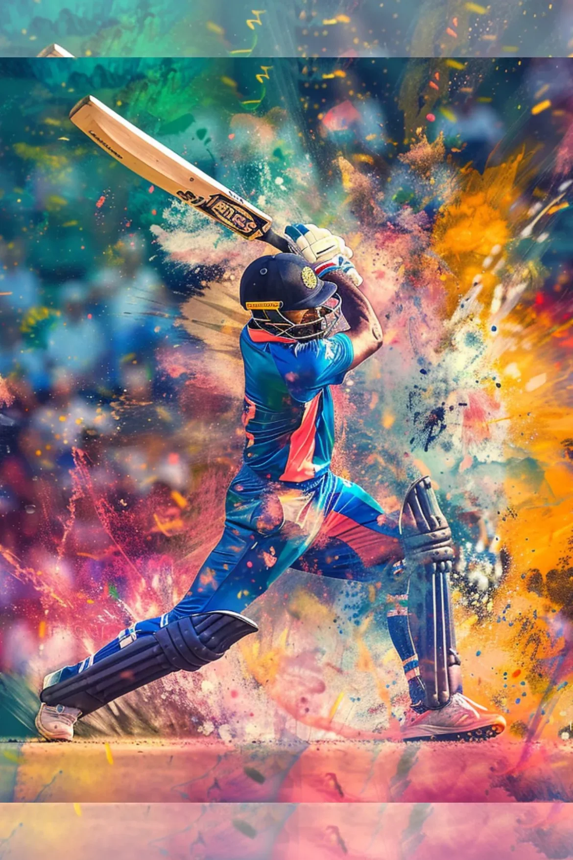 Energetic portrayal of a T20 cricketer amidst a fantasy of colors, representing the fusion of sport and art in the T20 World Cup 2024 celebration