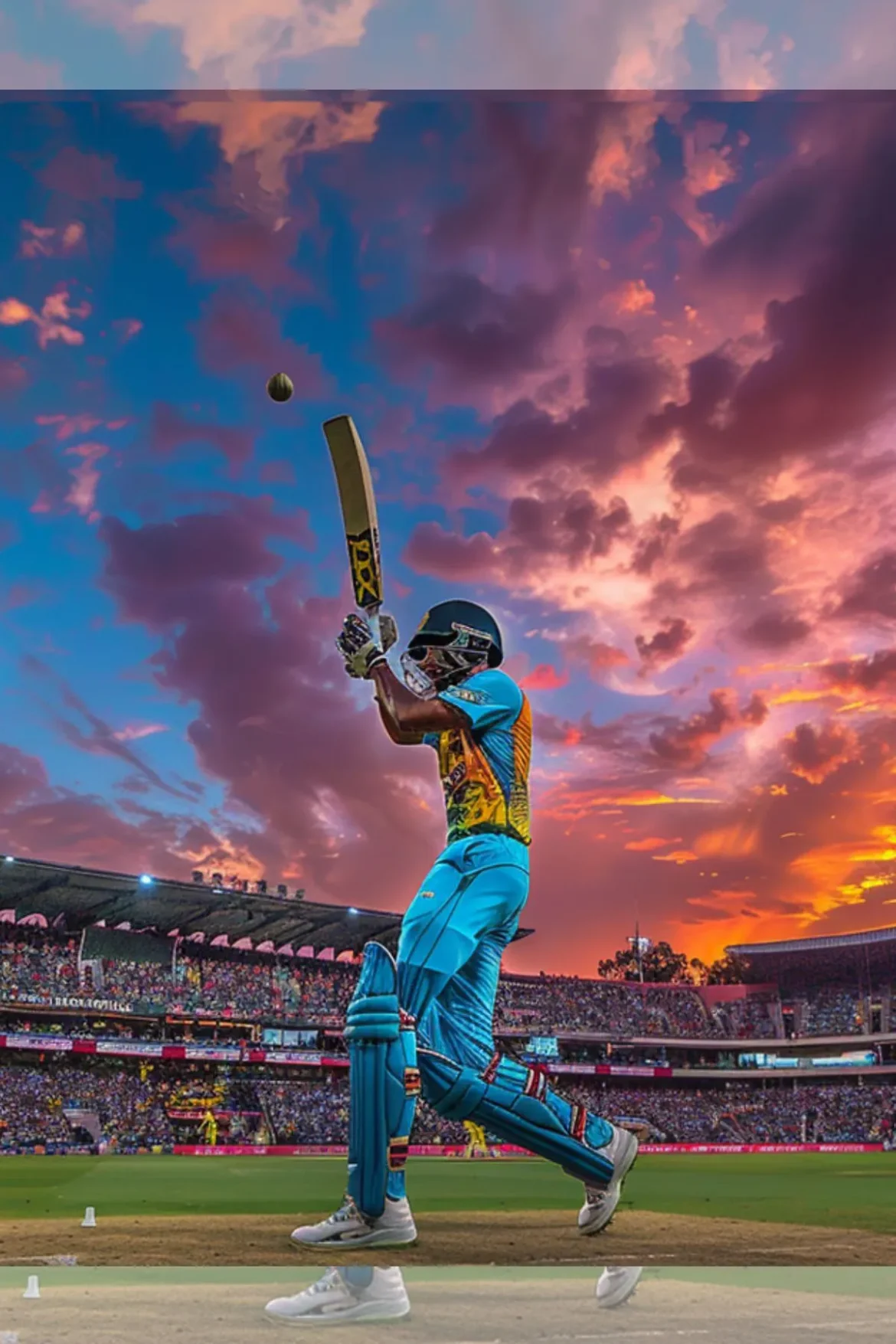 et20worldcup.com_88 Action shot of a player batting in the T20 World Cup 2024 with a colorful sunset sky in the USA.