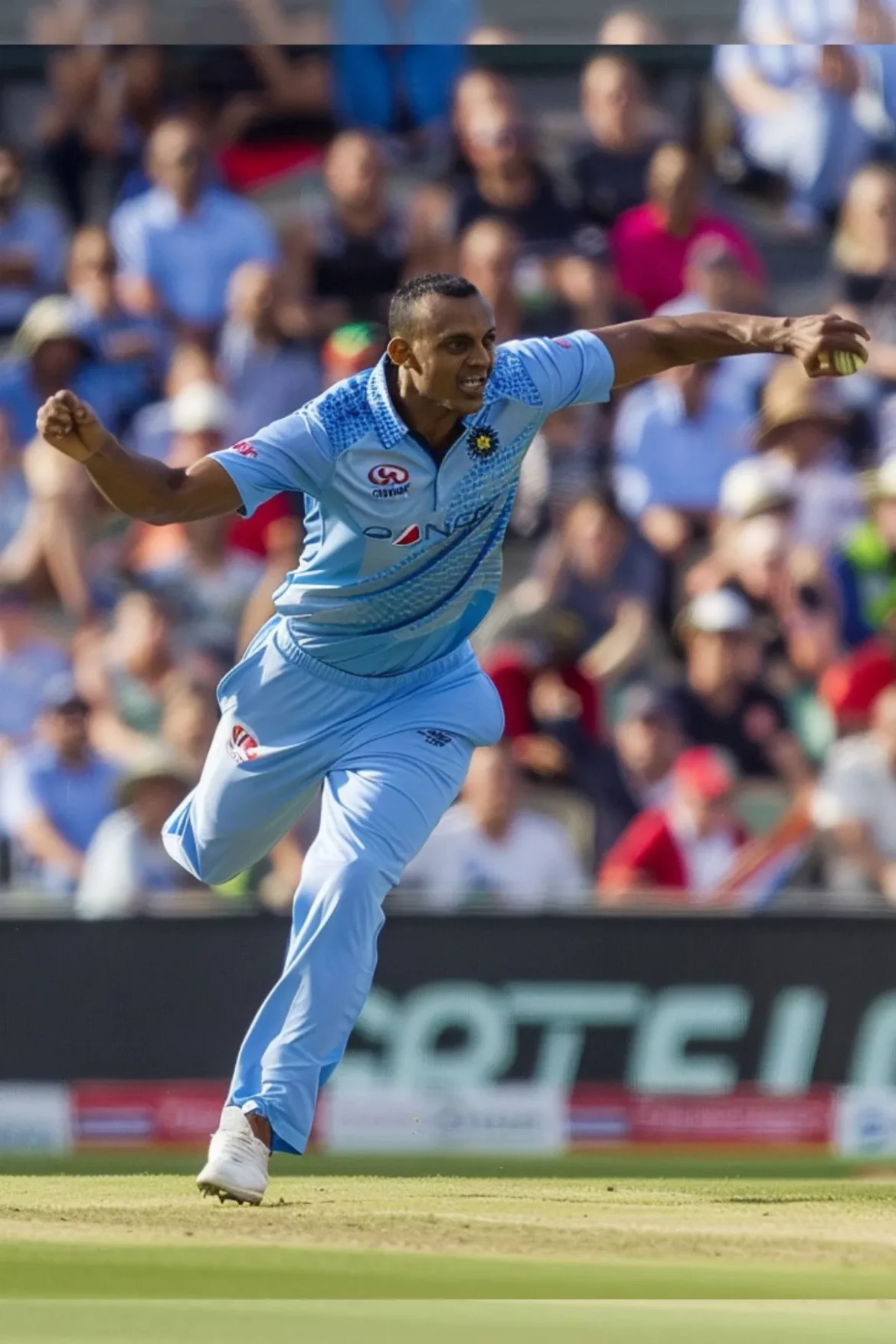 Cricket bowler in full stride delivering a ball at the T20 World Cup.