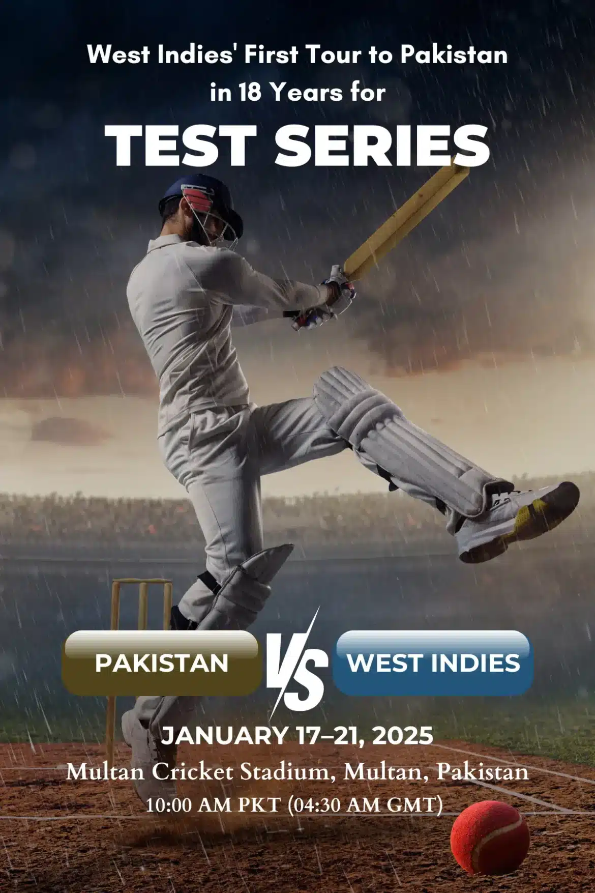 Pakistan vs West Indies 1st Test Series details at Multan Cricket Stadium, January 2025